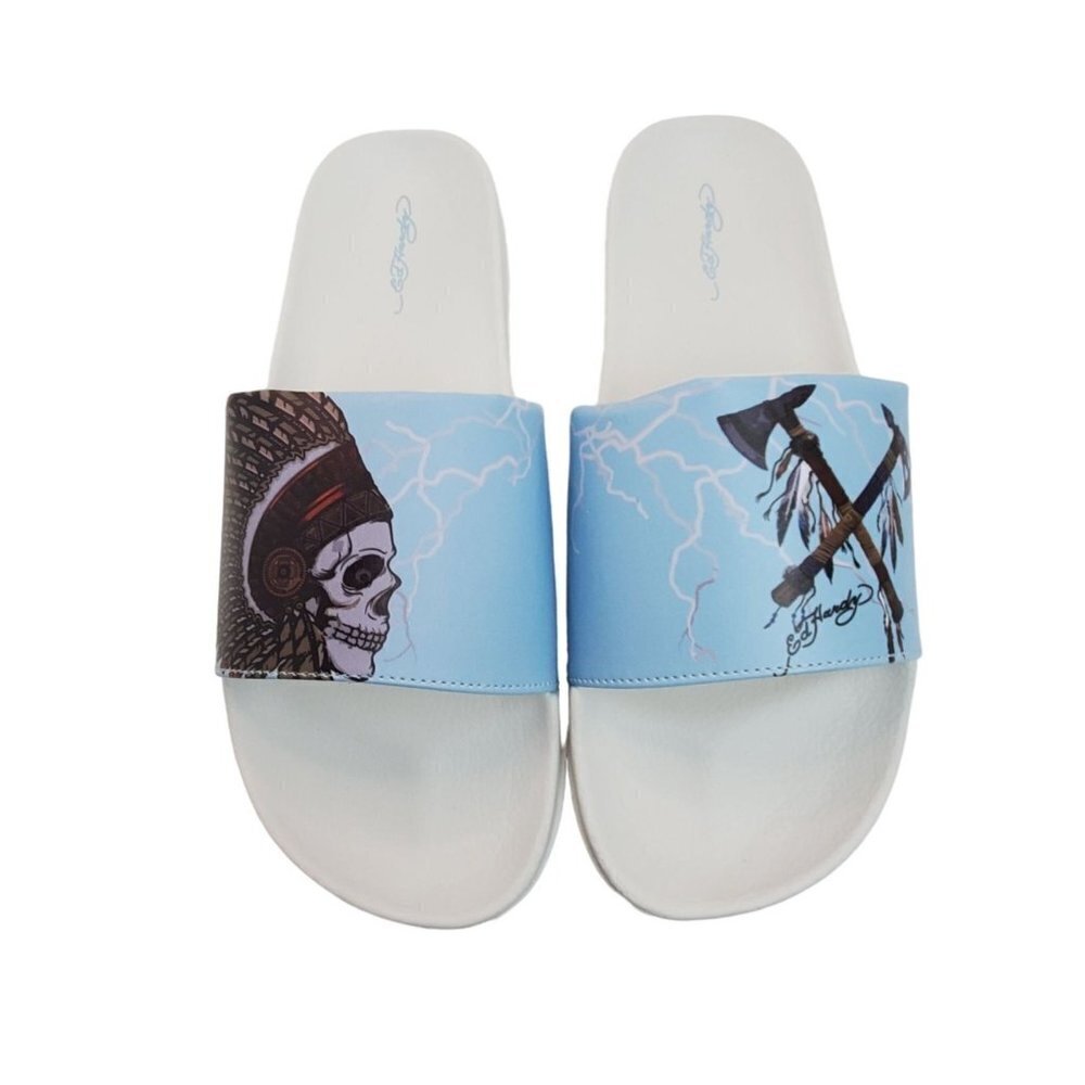 Ed Hardy Size 12 Leather Slide Sandals Ruller White Blue Slides